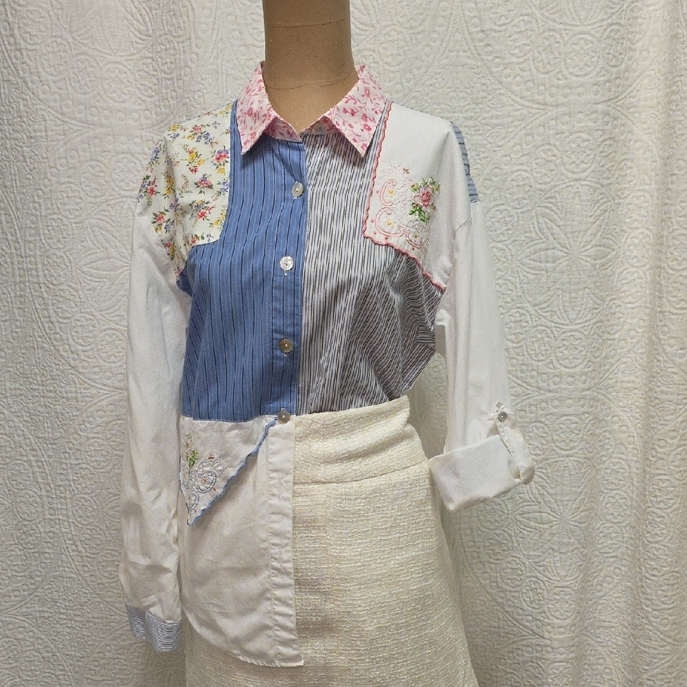 Colorful Patchwork Button-Up Shirt Blue White Pink Handkerchief Grandma Cottage